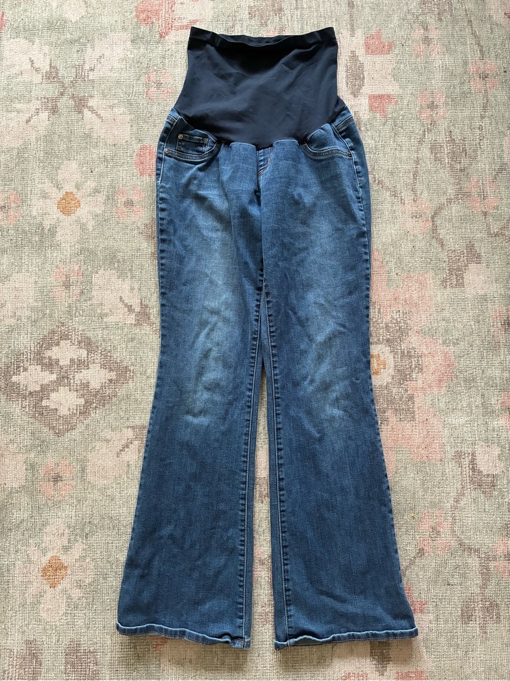 Indigo Blue Dark Blue Maternity Flare Jeans with Full Belly Panel, size large
